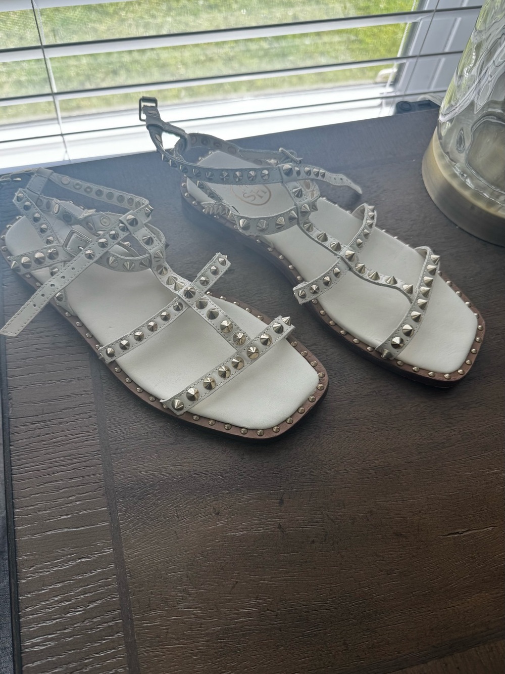 Ash White Pyramid Stud T-Strap Gladiator Sandals - Picture 2 of 4